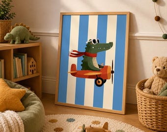 Funny Crocodile Airplane Art Print, Stylish Poster, Retro Pilot Wall Art, Whimsical Nursery decor