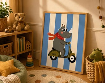 Rhino Riding Vintage Vespa Poster, Retro Animal Wall Art for Kids Room, Whimsical Nursery Decor Digital Download