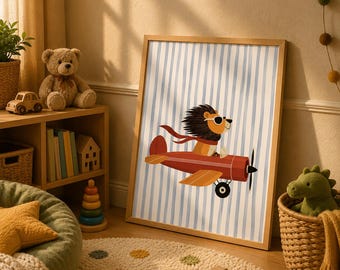 Lion Flying Vintage Plane Poster, Whimsical Funny Animal Kids Room Decor (Digital Download)