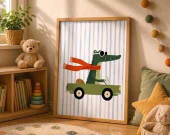 Krokodil reitend Vintage Auto Druck, wunderliche Tier Art Kinderzimmer Dekor (digitaler Download)