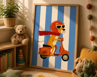 Funny Lion Riding a Vintage Vespa Printable poster, Safari Animal Kids Room Decor (Digital Download)