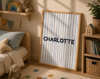 Charlotte Name Print, Blue Stripe Nursery Poster, Kids Room Decor (Digital Download)