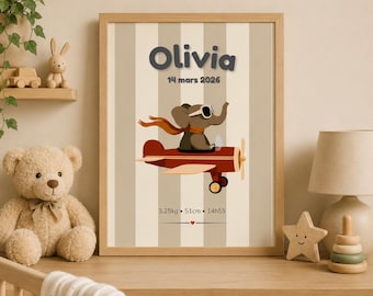 Custom baby arrival Birth Announcement, Nursery Elephant plane Print (Digital Download)