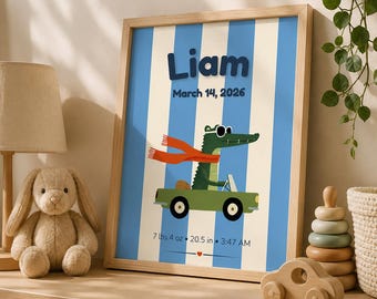 Custom baby arrival Birth Announcement, Baby Name & Birth Stats Nursery Crocodile Print (Digital Download)