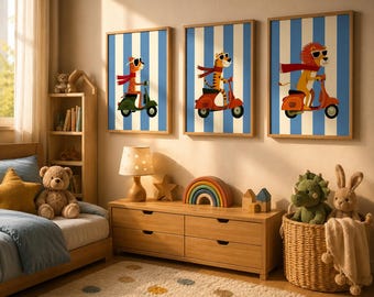 Set of 3 Animals Riding Vespas posters, blue Whimsical Kids Room Decor (Digital Download)