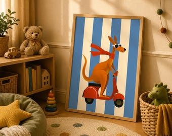 Kangaroo riding a Vintage Vespa Blue Background Wall Art, Whimsical Safari Nursery Print Digital Download