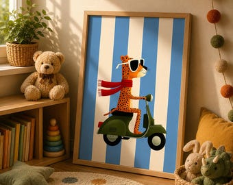 Leopard Riding a vintage Vespa Art Print, Funny Safary Animal Kids Room Decor (Digital Download)