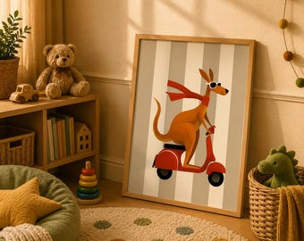 Kangaroo riding a retro Vespa poster vintage background, funny Nursery Print Digital Download