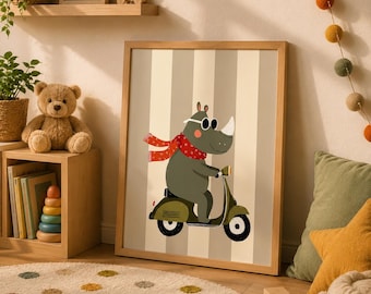 Nashorn auf Vespa Retro Neutral Kunstdruck, wunderliches Tier Kinderzimmer Dekor Beige (Digitaler Download)