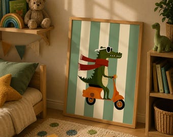 Crocodile riding a Vintage Vespa Green Background Wall Art, Whimsical Safari Nursery Print Digital Download