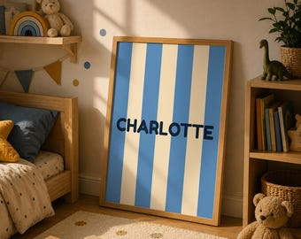 Charlotte Name Print Matching blue background Nursery poster, Neutral Kids Room Decor Digital Download