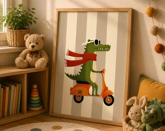 Crocodile Riding a vintage Vespa Art Print, Funny Animal Kids Room Decor (Digital Download)