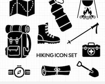 Hiking Icons SVG Set | Outdoor Adventure Vector Bundle, Camping Gear PNG for Cricut, Trekking Symbols Cut File, Mountaineering Digital Art