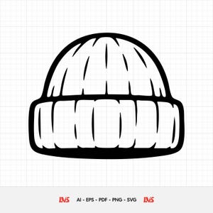 May include: A black and white illustration of a beanie hat. The hat has a folded brim and vertical lines on the crown. The image is a vector graphic, suitable for various applications. The bottom of the image contains the text "LVS AI - EPS - PDF - PNG - SVG LVS".