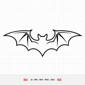 Puede incluir: Un dibujo lineal en blanco y negro de un murciélago con las alas extendidas. El murciélago está representado en un estilo minimalista, con líneas limpias y un diseño simétrico. La imagen incluye el texto "LVS AI - EPS - PDF - PNG - SVG".
