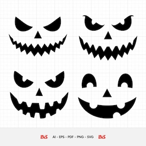 Puede incluir: Cuatro diseños de caras de calabaza de Halloween negras sobre un fondo de cuadrícula blanca. Cada cara tiene diferentes formas de ojos y boca, incluyendo bocas dentadas y curvas. La parte inferior de la imagen incluye el texto: AI - EPS - PDF - PNG - SVG.