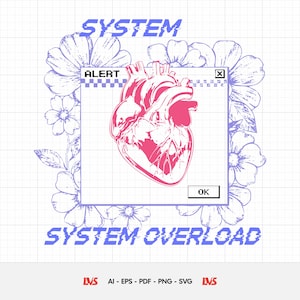 Puede incluir: Ilustración digital de un corazón anatómico rosa dentro de una ventana de computadora con la palabra "ALERT". Las palabras "SYSTEM" y "SYSTEM OVERLOAD" están arriba y abajo, rodeadas de flores moradas.