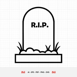 May include: A black and white line drawing of a tombstone with the letters "R.I.P." on the front. The tombstone is set in a bed of grass and sits on a rectangular base. The image is a vector graphic.