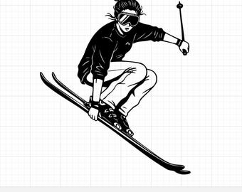 Chica esquiando estilo libre SVG, esquiadora saltando vector, clipart de deportes de invierno de acción, esquí extremo PNG, gráfico de esquiadora de parque para Cricut