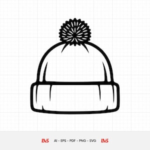 May include: Black and white illustration of a winter beanie hat with a pom-pom on top. The hat has a folded brim and is a simple, graphic design. The image is a vector file, suitable for various applications.
