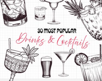 Paquete de 30 bebidas clásicas, ideal para bodas, letrero de cóctel en el bar, set de imágenes prediseñadas: ilustraciones de bebidas dibujadas a mano (PDF, PNG, SVG)