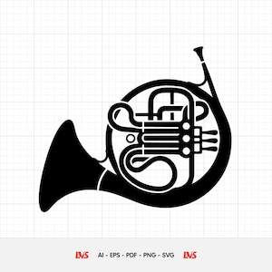 Könnte beinhalten: Schwarz-weiße Illustration eines Waldhorns. Das Musikinstrument wird mit seiner Glocke, den gewundenen Rohren und Ventilen dargestellt. Der Text "LVS AI - EPS - PDF - PNG - SVG" ist enthalten.