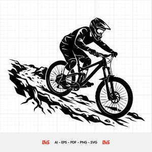 May include: Black and white illustration of a mountain biker riding downhill. The biker is wearing a helmet and protective gear. The bike is a mountain bike with large tires. The image includes the text "LVS AI - EPS - PDF - PNG - SVG".