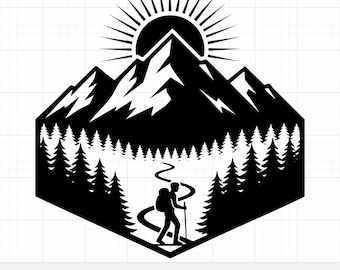 Mountain Hiking SVG | Nature Trekking Scene Vector, Hiker in Forest PNG for Cricut, Adventure Landscape Cut File, Outdoor Digital Download