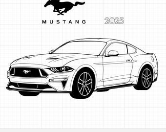 Ford Mustang 2025 SVG / Vector de Muscle Car Moderno, S650 Pony Car PNG para Cricut, Archivo de Corte de Silueta de Auto Deportivo, Descarga Digital Automotriz