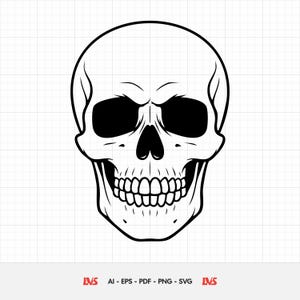 May include: A black and white illustration of a human skull, facing forward. The skull has large, dark eye sockets, a prominent nose cavity, and a full set of teeth. The image is a vector graphic, suitable for various applications.