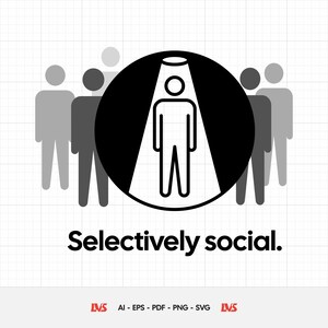 Może przedstawiać: Czarno-biała grafika z napisem "Selectively social." Obraz przedstawia osobę w reflektorze w czarnym okręgu, otoczoną szarymi postaciami. Projekt jest minimalistyczny i nowoczesny, odpowiedni do różnych zastosowań.