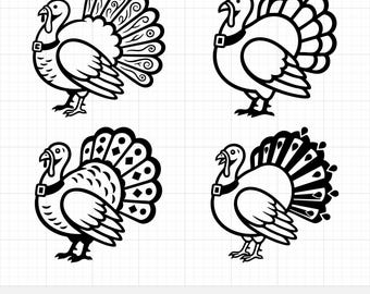 Paquete de imágenes SVG de pavos, conjunto de 4 imágenes prediseñadas de Acción de Gracias, vector de pavo de dibujos animados, archivos de corte de otoño para Cricut, arte vectorial de Feliz Día de Acción de Gracias