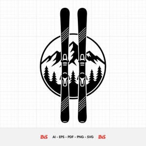 Puede incluir: Gráfico en blanco y negro de dos esquís con fijaciones, sobre un fondo circular de montañas y pinos. Ideal para los amantes de los deportes de invierno.