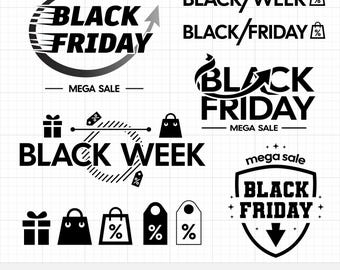 Paquete SVG para el Black Friday, insignias con logotipos de rebajas, gráficos vectoriales para el Cyber Monday, uso comercial, paquete vectorial comercial, PNG para la Semana Negra