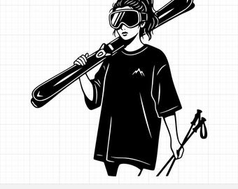 Imagen vectorial de chica esquiadora, SVG de esquiadora, clipart de montaña invernal, descarga digital de esquí, PNG de chica esquiadora, gráfico de pasatiempo invernal para manualidades