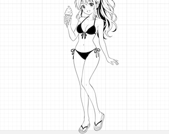 Anime Girl Bikini SVG Vector - Cute Waifu Clip Art - Manga Girl Digital Download - Anime Illustration for Cricut & Silhouette - PNG EPS