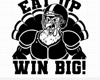 SVG de fútbol americano con pavo, diseño de camiseta "Come y gana a lo grande", imágenes prediseñadas para el día del partido de Acción de Gracias, archivo de corte deportivo divertido, vector para camisetas del Día del Pavo