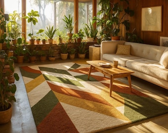 Mid Century Modern Geometric Area Rug, Retro 70s Earth Tone Tufted Carpet, Moss Green Burnt Orange Cream Accent Rug for Living Room Decor