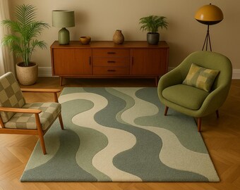 Modern Abstract Area Rug Green Hand Tufted Carpet Minimalist Living Room Bedroom Home Decor