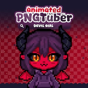 Può includere: Illustrazione pixelata di una ragazza diavolo con pelle rossa, capelli viola e corna nere. L'immagine include il testo "animated PNGtuber" in un font stilizzato, con le parole "Devil Girl" sotto.