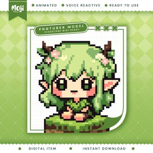 Puede incluir: Un modelo de personaje en pixel art con una figura de cabello verde, cuernos pequeños y orejas puntiagudas, adornada con flores diminutas. El personaje está sentado sobre una base de hierba. El texto incluye Moji Pixels, Animated, Voice Reactive, Ready to Use, PNGTuber Model, Veadotube Mini Ready, Digital Item e Instant Download.