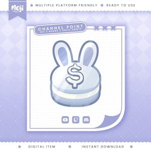 May include: A digital graphic featuring a light blue, rounded bunny-shaped icon with a prominent white dollar sign symbol in the center. The design includes the text CHANNEL POINT, BIT, BADGE, ROLE, EMOTE, MOJI PIXELS, and platform icons.