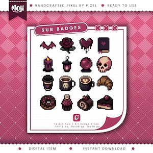 May include: A collection of sixteen pixel art icons featuring dark and gothic themes, including a bat, rose, heart, book, candle, lantern, crystal ball, skull, coffee cups, croissant, donut, cupcake, and cake slices, labeled as Sub Badges.