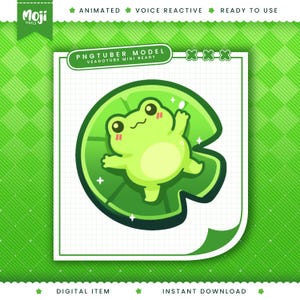 May include: A digital PNGtuber model featuring a light green frog with pink cheeks, positioned on a large dark green lily pad. The graphic includes text reading Moji Pixels, PNGtuber Model, Veadotube Mini Ready, Animated, Voice Reactive, and Ready to Use.