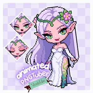 Puede incluir: Un personaje de pixel art con cabello largo de color violeta claro, orejas puntiagudas y un vestido blanco con patrones de enredaderas verdes. El personaje lleva una corona de flores. Dos retratos en forma de diamante muestran expresiones faciales. Texto: animated PNGTuber Veadotube.