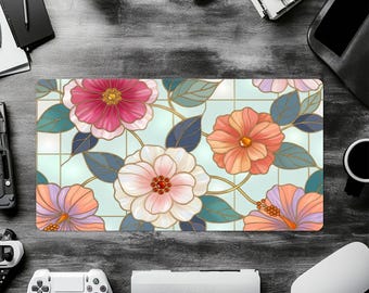 Alfombrilla de escritorio floral con diseño de vidrieras, alfombrilla de ratón estética estilo Tiffany, alfombrilla de juego grande con estampado botánico floral, decoración de oficina Art Nouveau, regalo para ella.