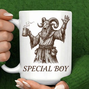 White ceramic mug featuring Prepotente Special Boy from Dungeon Crawler Carl, goat warrior holding beer, DCC fan gift