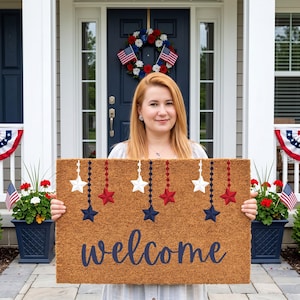 Patriotic Welcome Mat, 4th of July Doormat, Independence Day Front Porch Decor, Stars and Stripes Welcome Rug, Summer Holiday Door Decor,USA