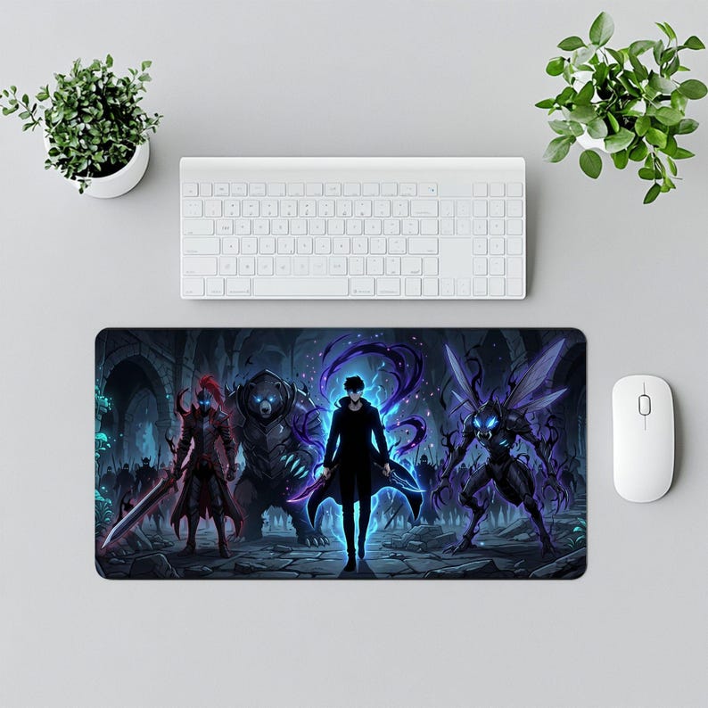May include: A rectangular desk mat featuring a dark fantasy illustration of a central figure in a black coat surrounded by three shadowy creatures, including a knight with a sword, a large bear, and a winged insectoid being, all set in a stone dungeon.