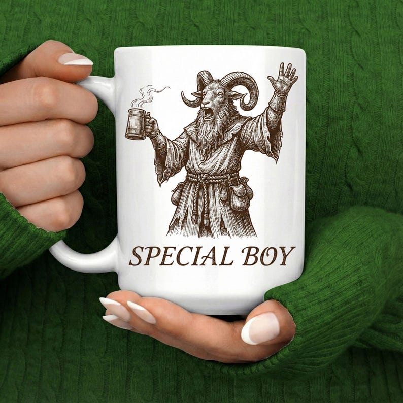 White ceramic mug featuring Prepotente Special Boy from Dungeon Crawler Carl, goat warrior holding beer, DCC fan gift